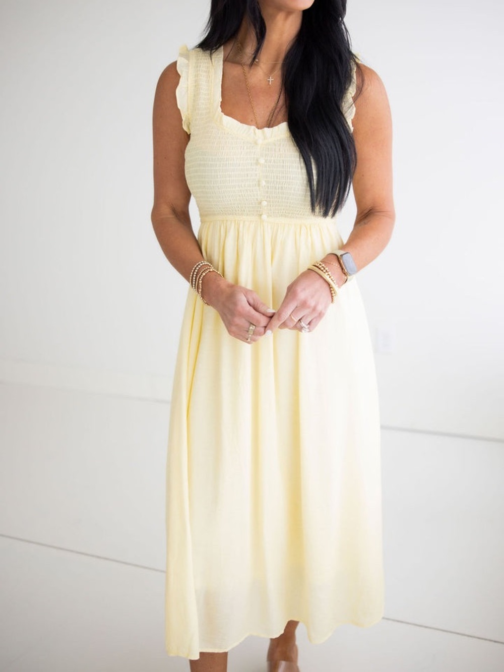 Blu Pepper Butter Yellow Smocked Midi Dress with Ruffle Straps